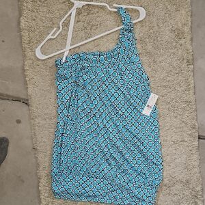 New York & Company Turquoise and White Geometric Top